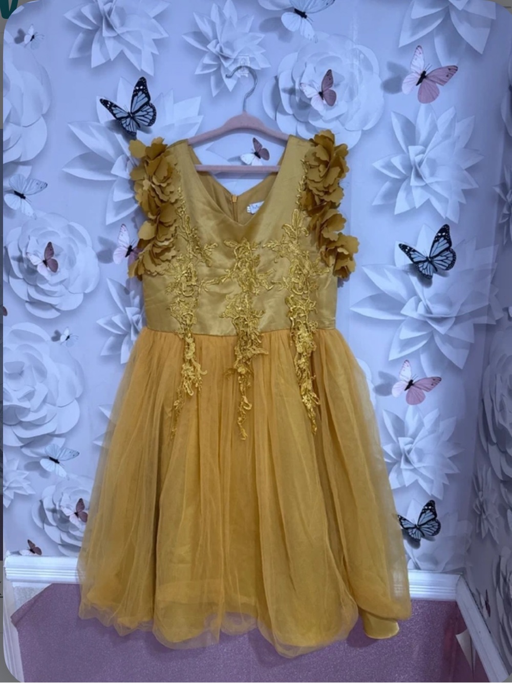 Mustard Yellow Floral Appliqué Tulle Dress for Girls